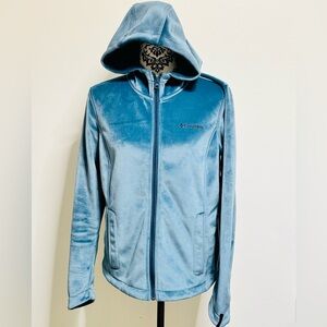 COLUMBIA Velour Hoodie Jacket Dusty Blue Fleece lined Full zip up Medium